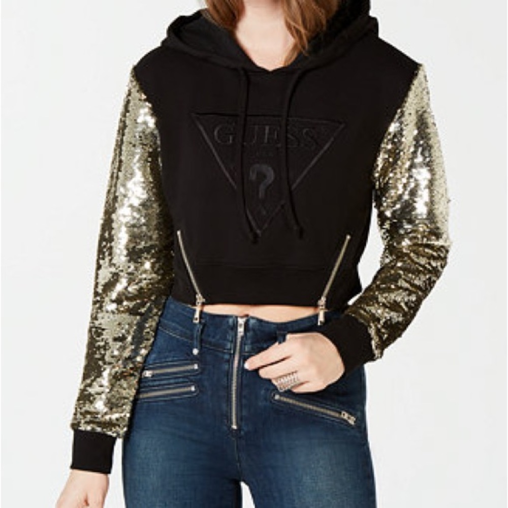 Guess Black Hoodie with Gold Sequin Sleeves